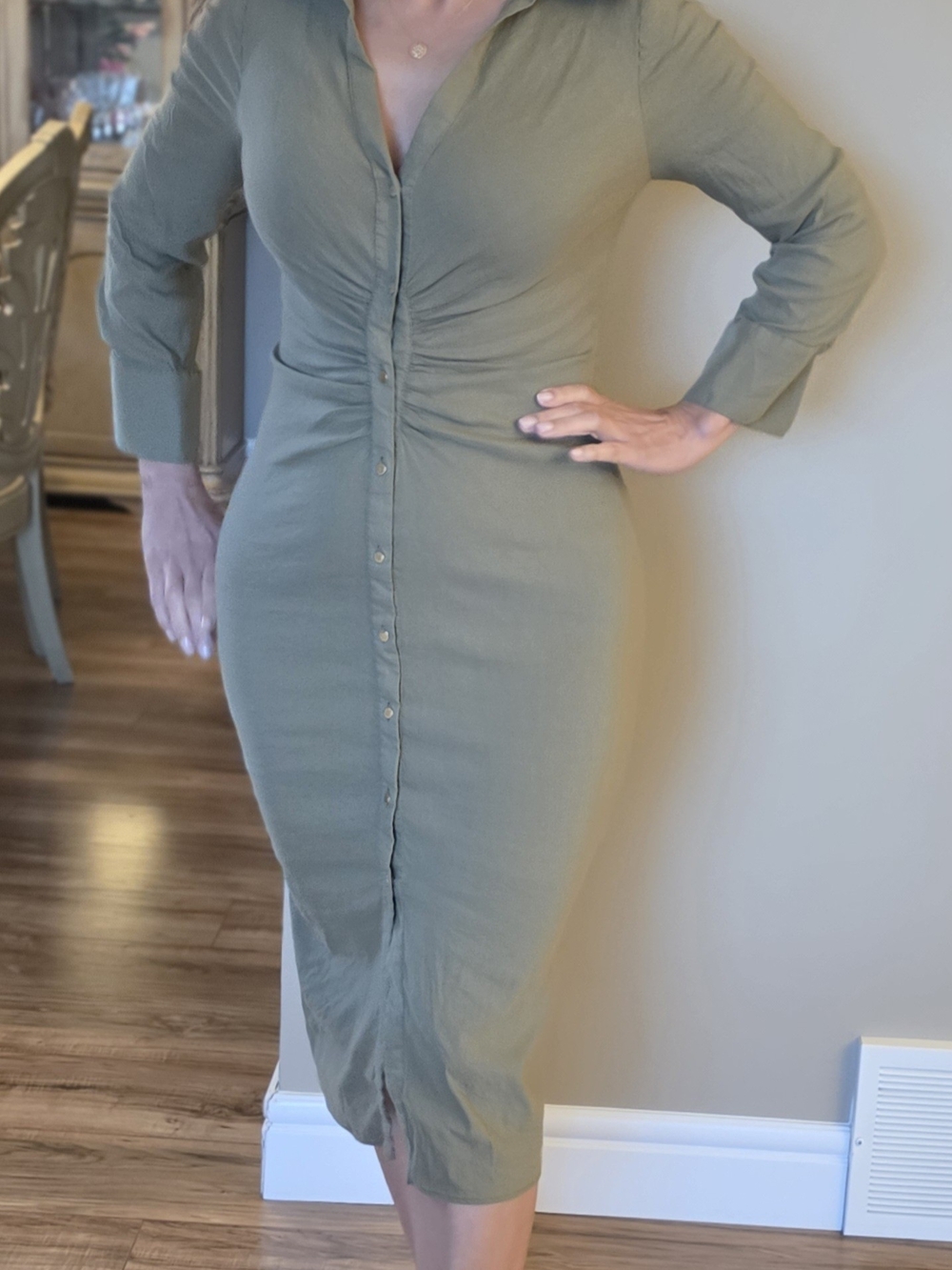 Olive Green Button-Front Midi Dress